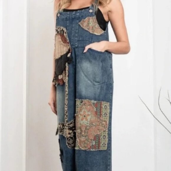 BlueVelvet Denim Capri Overalls with Mixed Patches in Denim XL🆕⌚📦🏃💨🚚 - Picture 8 of 16